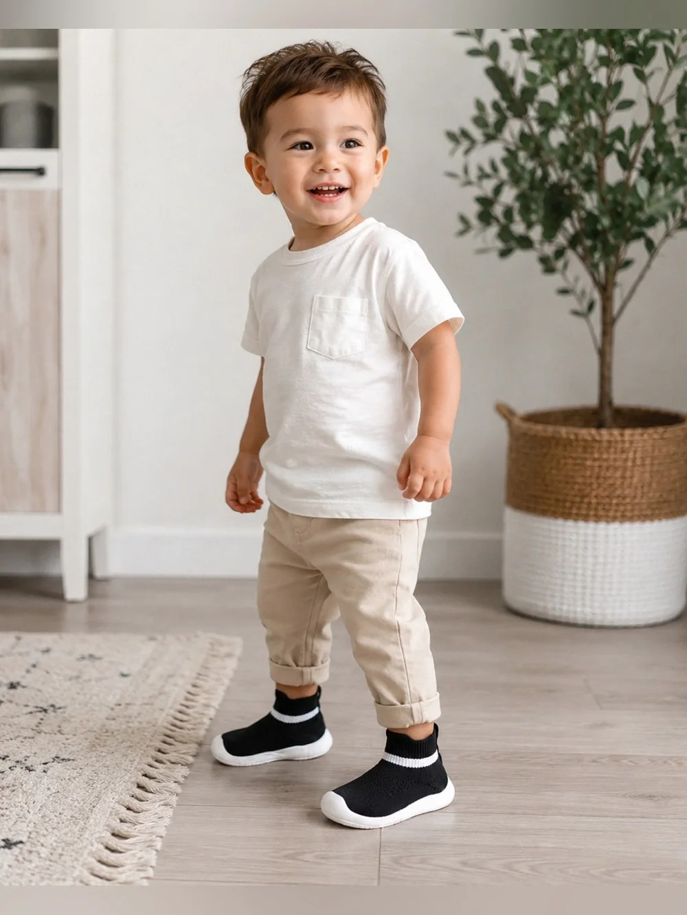 Toddler Sock Sneakers Black White Slip On Knit Walking Shoes Rubber Soles